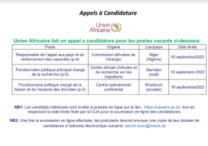 Appels à Candidature Union Africaine fait un appel a candidature pour les postes vacants ci-dessous