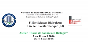 Filière Sciences Biologiques   Licence Bioinformatique (L3)  Atelier ‘’Bases de données en Biologie’’   3 au 11 avril 2016   (24 à 26h de Cours TD/TP)