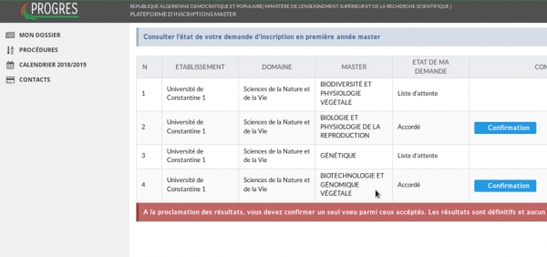 Annonce sur les résultats des candidatures pour l’inscription en Master1 2018/2019