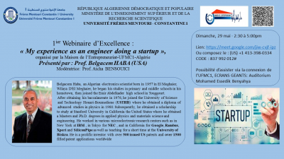 1er Webinaire d’Excellence : « My experience as an engineer doing a startup »,  Présenté par : Prof. Belgacem HABA (USA).