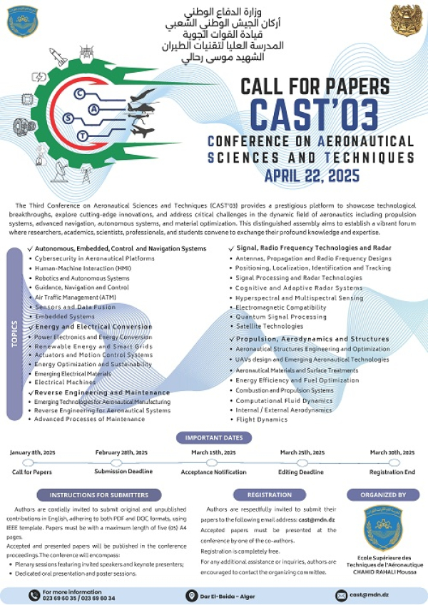 call for paper&#039;s CAST&#039;03 Conference on aeronautical sciences and techniques
