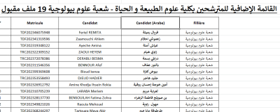 القائمة الإضافية للمترشحين بكلية علوم الطبيعة و الحياة شعبة علوم بيولوجية توظيف 2023